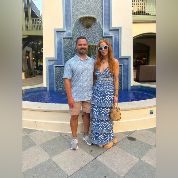 NWT Caroline Constas Blue and White Geometric Ikat Maxi Dress in size Large - Picture 4 of 10